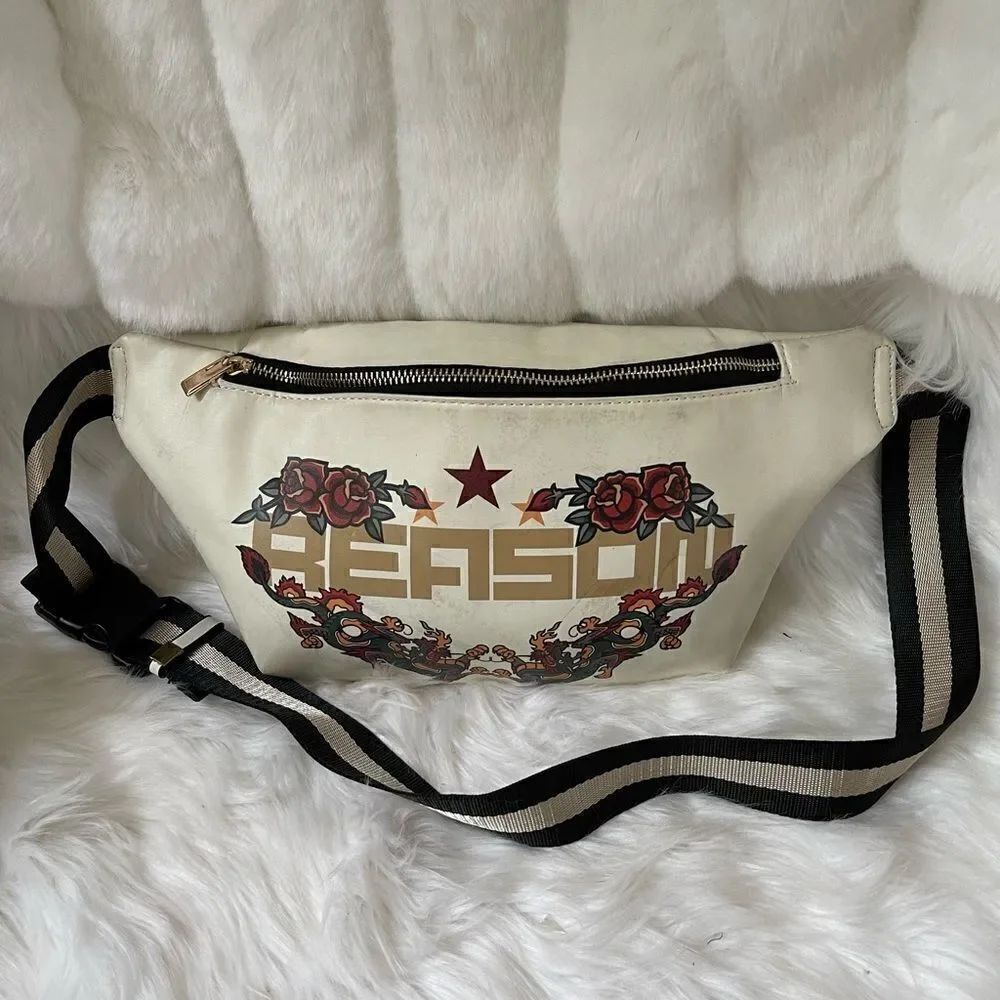 Reason beige Fanny belt with red and green roses adjustable belt front z…